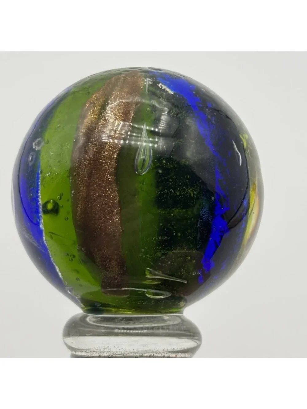 Art Glass Wine Bottle Stopper Topper Green Ball Gold Blue Striped Glossy Bubbles